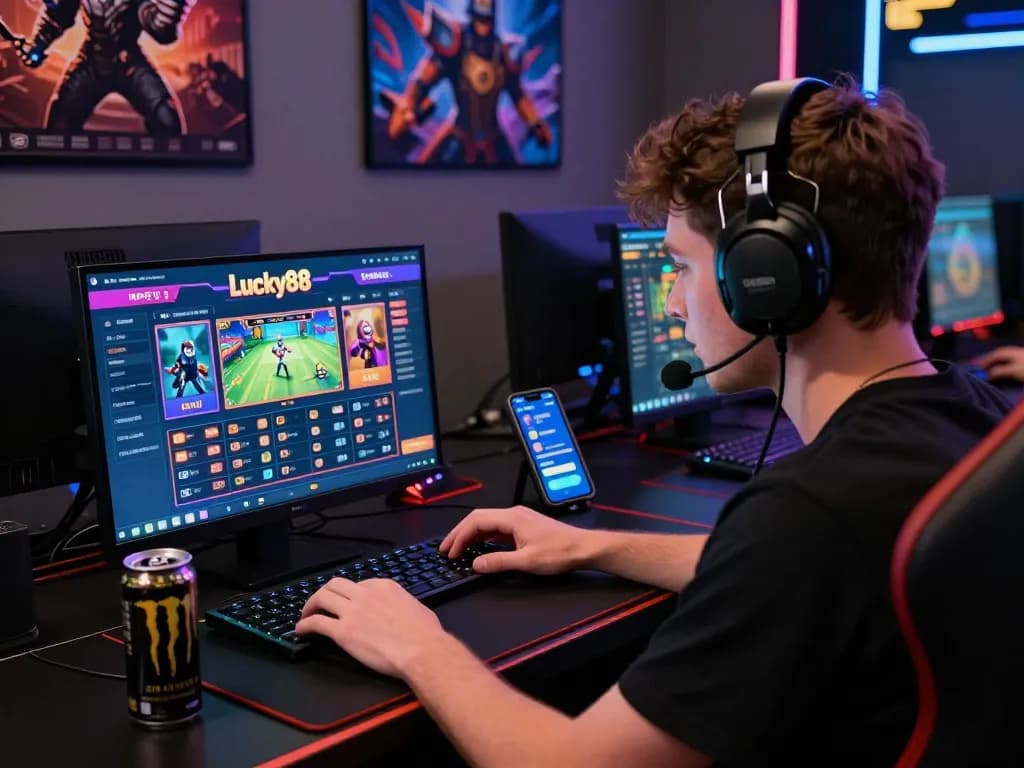 Immersive gaming setup showing Link truy cập Lucky88 with vibrant graphics and a user engaged.