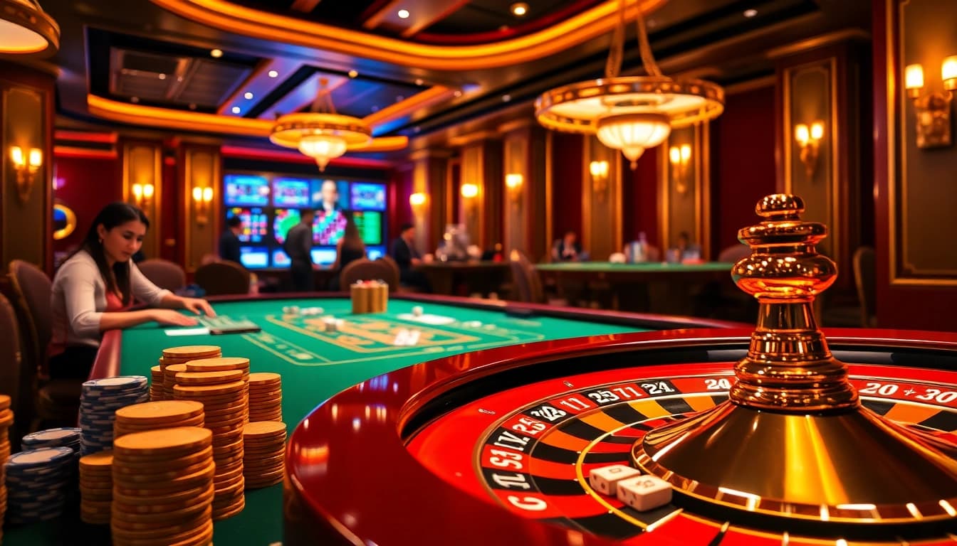 Exciting gaming scene at a casino highlighting poker and roulette, related to https://qq88.social/.