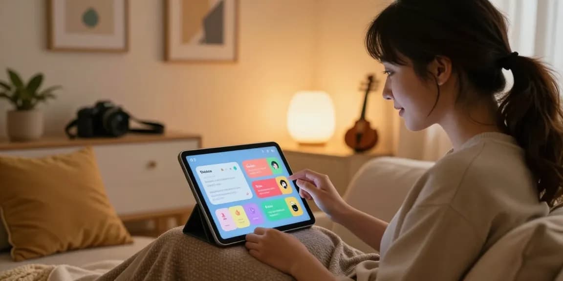 Engaging in sex chat AI interactions on a tablet in a cozy, modern setting.