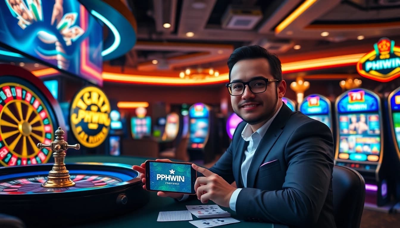 Experience thrilling gameplay at PHWIN, featuring an engaging roulette table and vibrant slot machines.