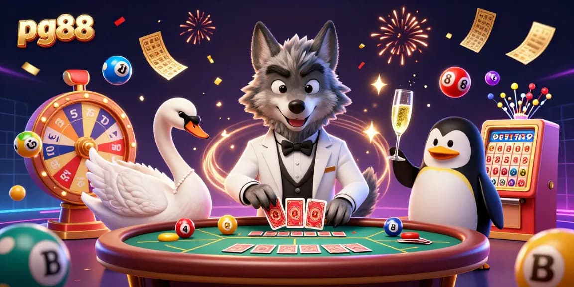 Engage with pg88's vibrant lottery experience featuring colorful elements and charming characters in a festive casino setting.