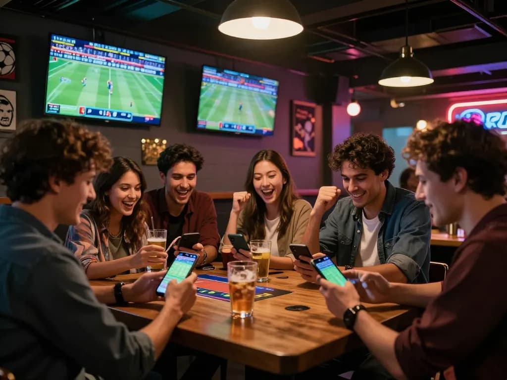 Friends engaged in sports betting action at bar, showcasing hitclub excitement and camaraderie.