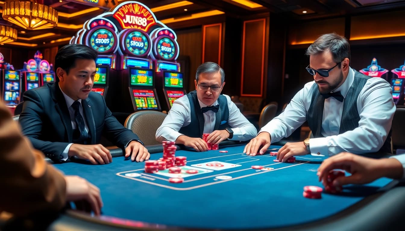 Players engaging in a winning moment at Jun88's luxury poker table, surrounded by vibrant casino elements.