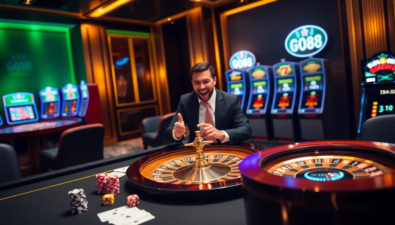 Gambling scene at https://go88app.cn.com/ showcasing poker chips and cards against a glamorous casino backdrop.