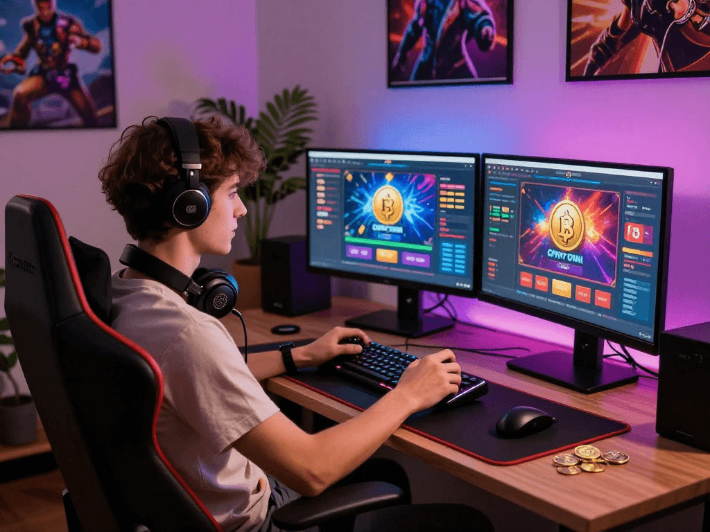 Engaging crypto casino gaming scene showing a player immersed in an online game experience.