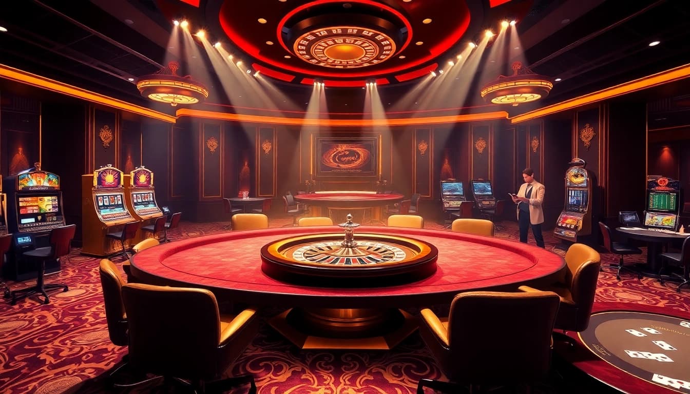Experience luxury gaming at https://jun88pl.com/, showcasing vibrant poker tables and slot machines in a top-tier casino.