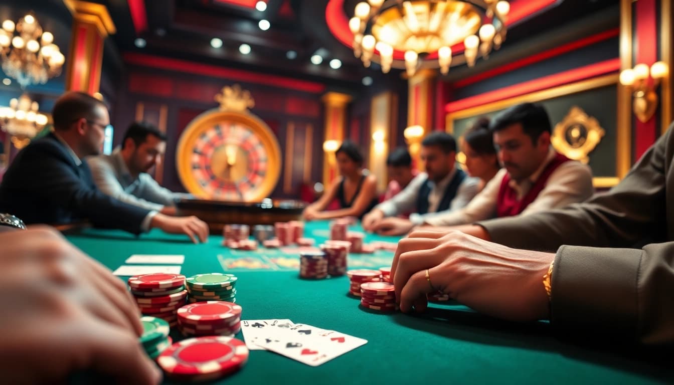 High-stakes poker action at a luxurious casino as featured on bdtk66 blog, with colorful chips and cards.