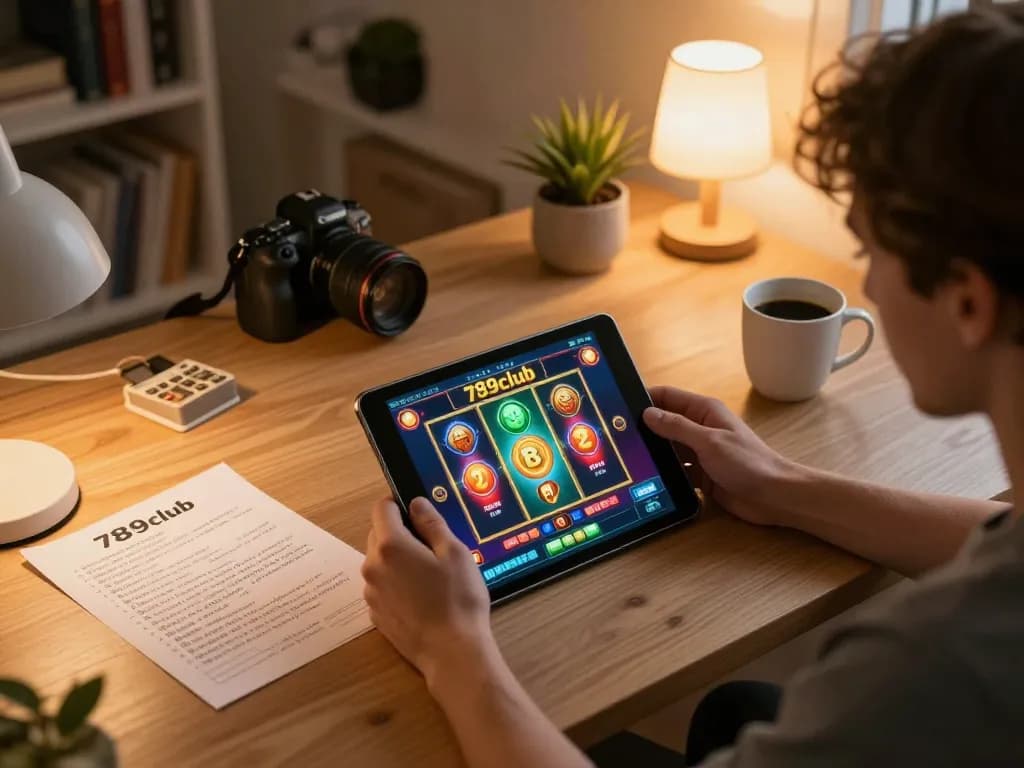 Player enjoying 789club slot games on tablet in cozy home office, emphasizing responsible gaming.