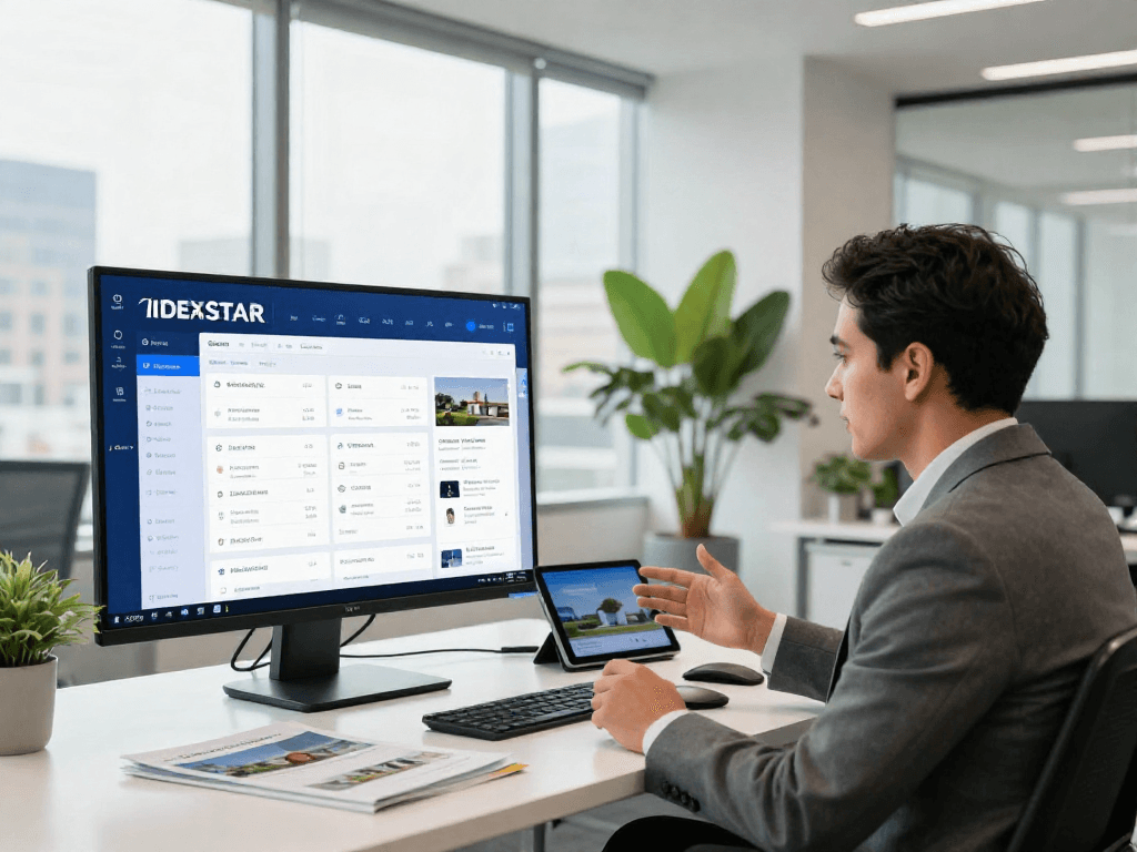 Real estate agent showcasing IDXSTAR listings in a modern office setting with dynamic technology integration