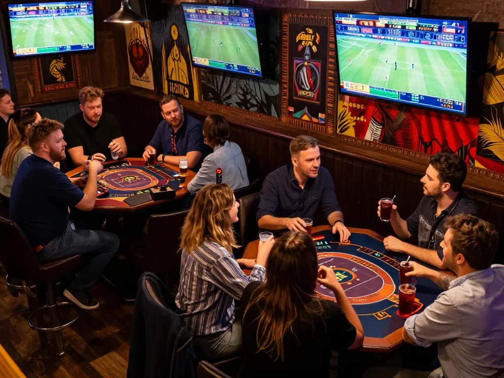 Engaged sports fans analyzing odds for betting on bongdalu during a lively match at a sports bar