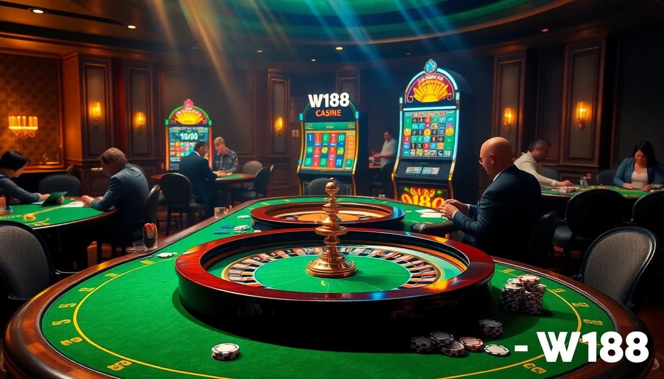 Players engaged in high-stakes gaming at W188 casino, showcasing excitement and winning opportunities.
