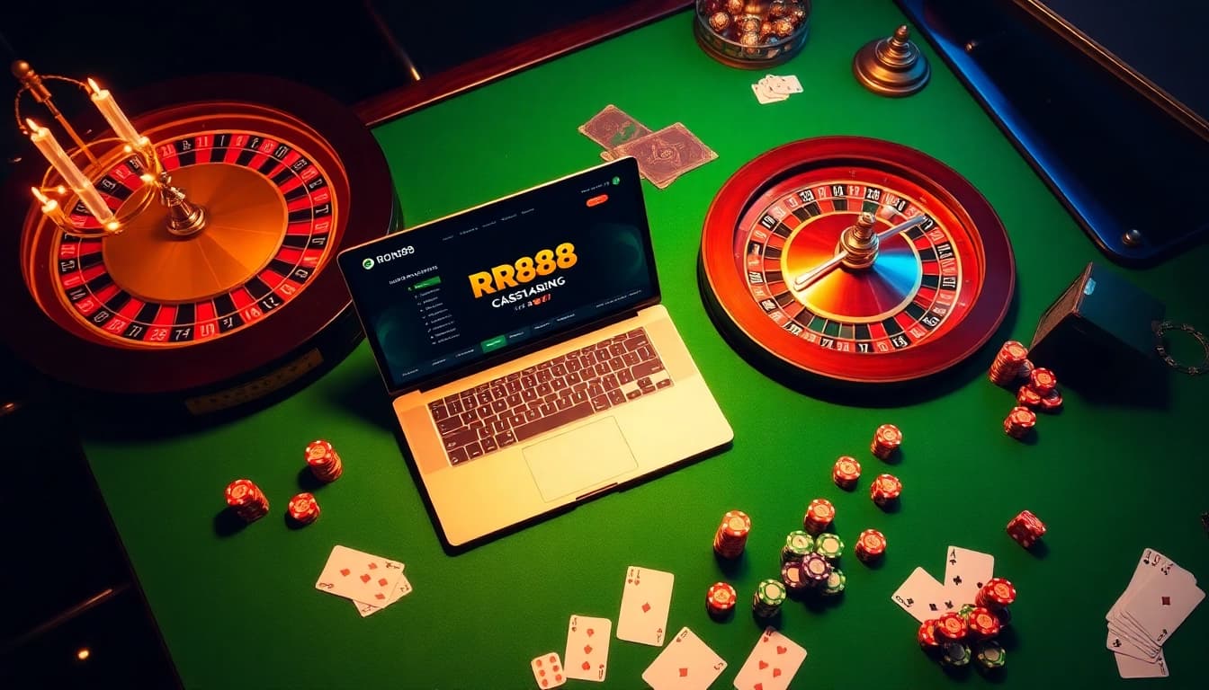 Play at nhà cái RR88 with vibrant casino elements like chips, cards, and a roulette wheel.