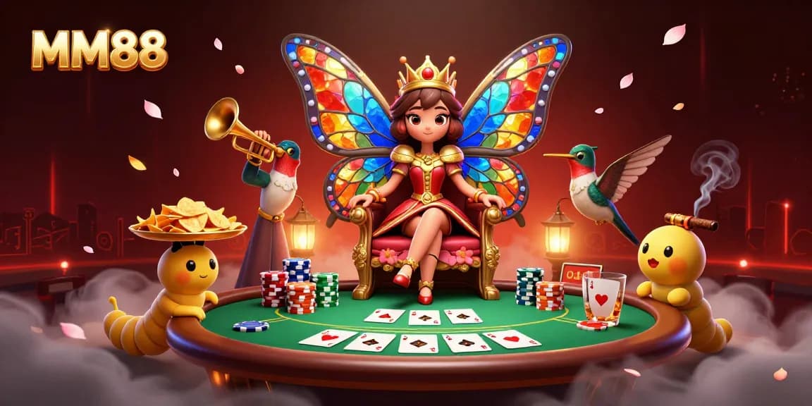 Join the MM88 gaming extravaganza with vibrant characters amidst a rich poker scene with chips.