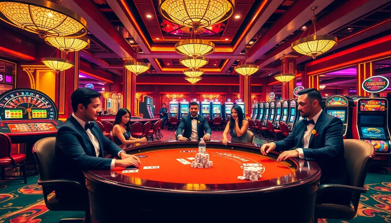 Engaging scene of luxury gambling with nhà cái uy tín elements illustrating casino excitement.