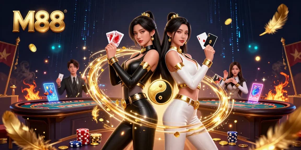 M88 features stunning twin Asian women playing cards in a vibrant casino scene, showcasing dynamic gambling action.