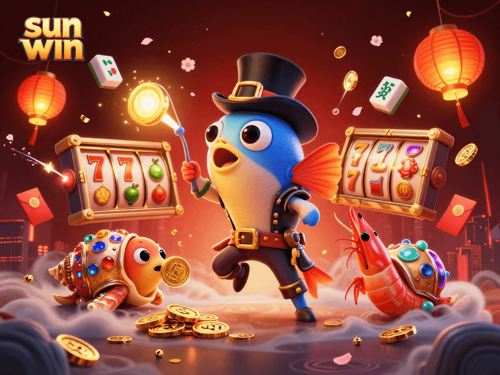 Win big with sun win in this vibrant 3D casino illustration filled with slot elements.