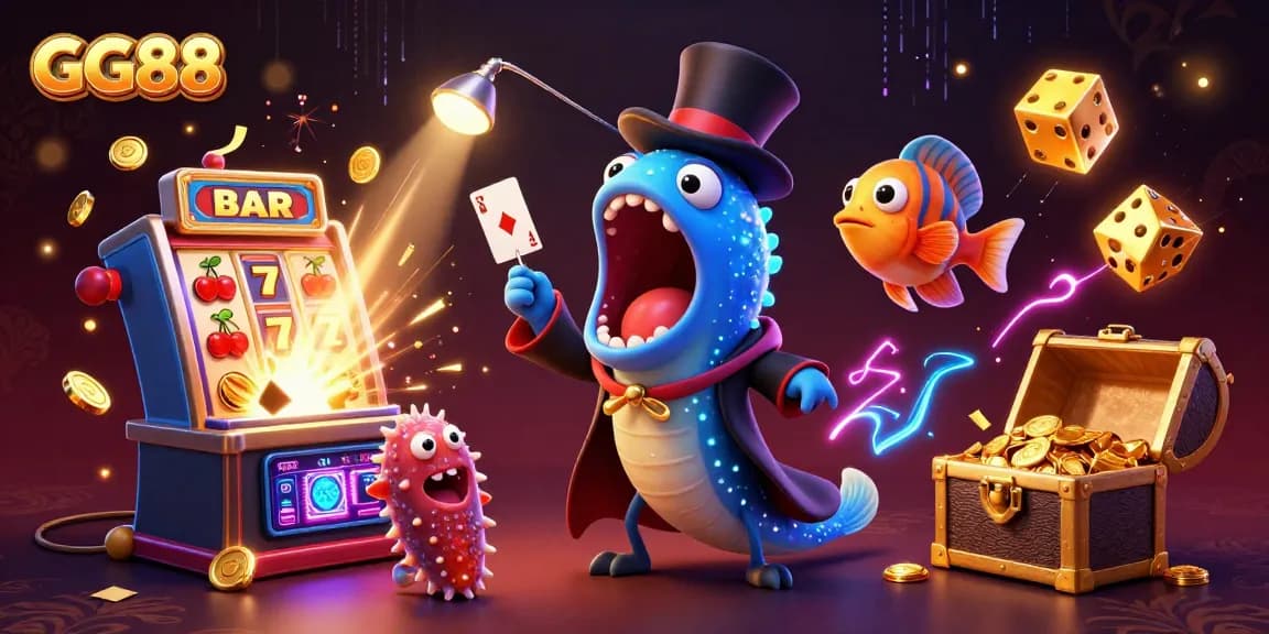 GG88 showcases a vibrant 3D casino scene with enchanting sea creatures performing magic tricks.
