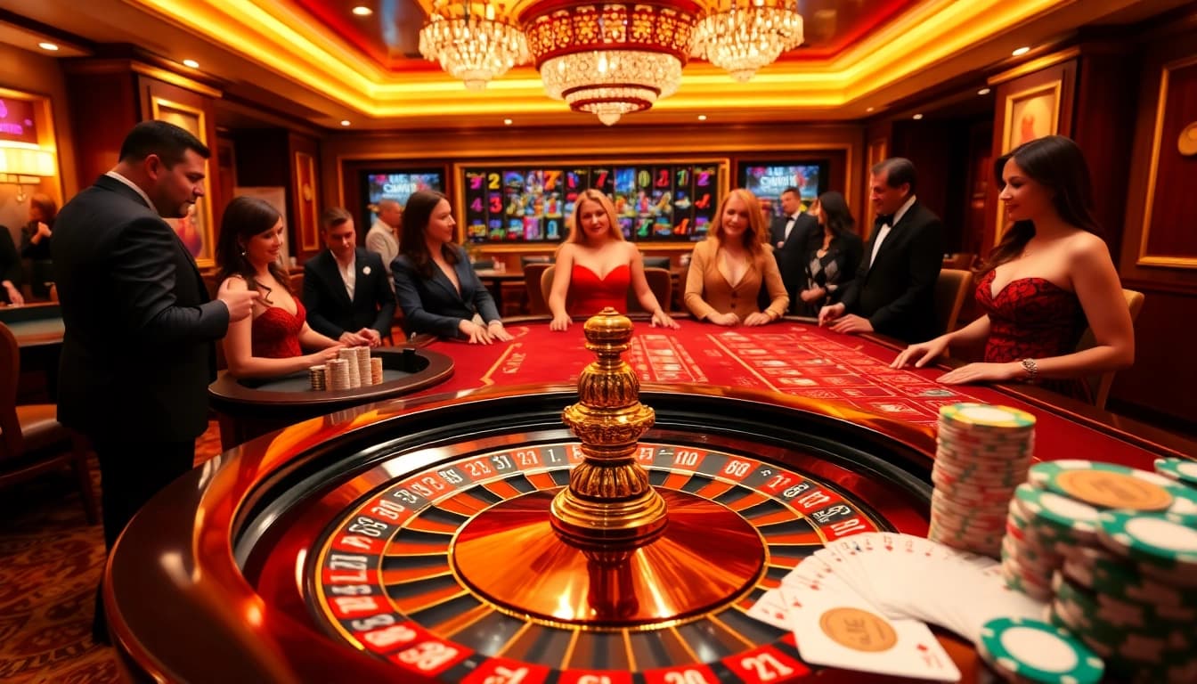 Players at LuckyWin casino engage in a high-stakes game featuring roulette and poker, surrounded by vibrant casino elements.