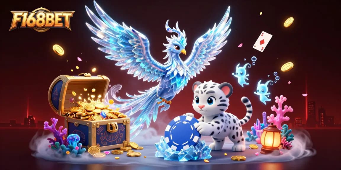 Engage in the F168BET experience with a dazzling ice phoenix and vibrant casino elements.