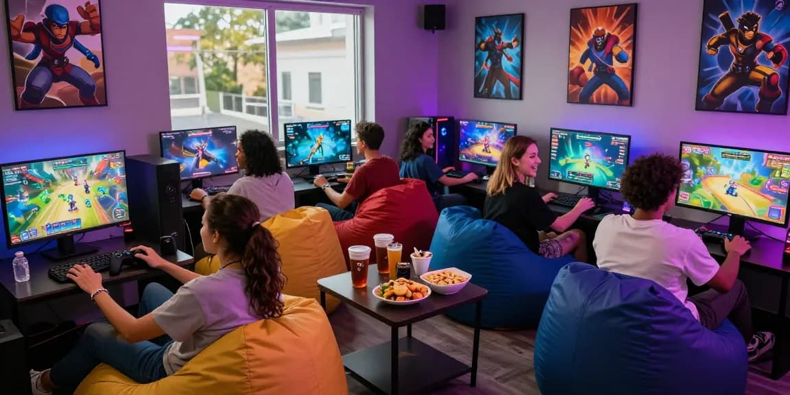 Friends enjoying xxx games in a vibrant gaming lounge, showcasing engaging graphics and a cozy atmosphere.