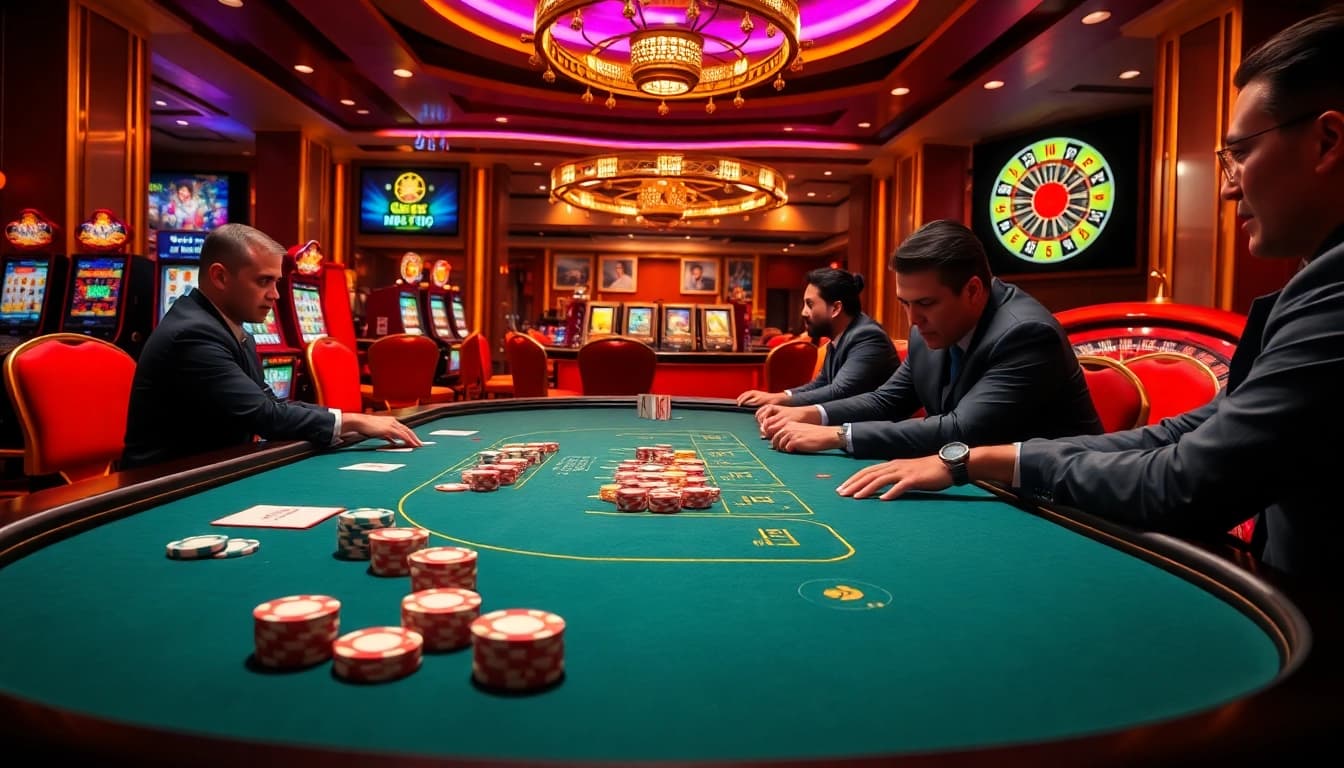 Gamblers enjoying an exciting game on NK88 com at a luxurious casino table.