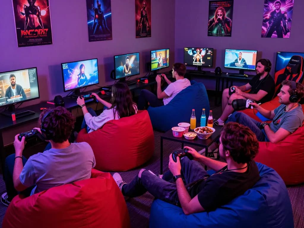 Group of friends enjoying interactive porn games in a vibrant gaming lounge
