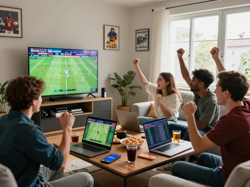 Friends enjoying a lively sports betting night together, engaging with rikbet on multiple devices.