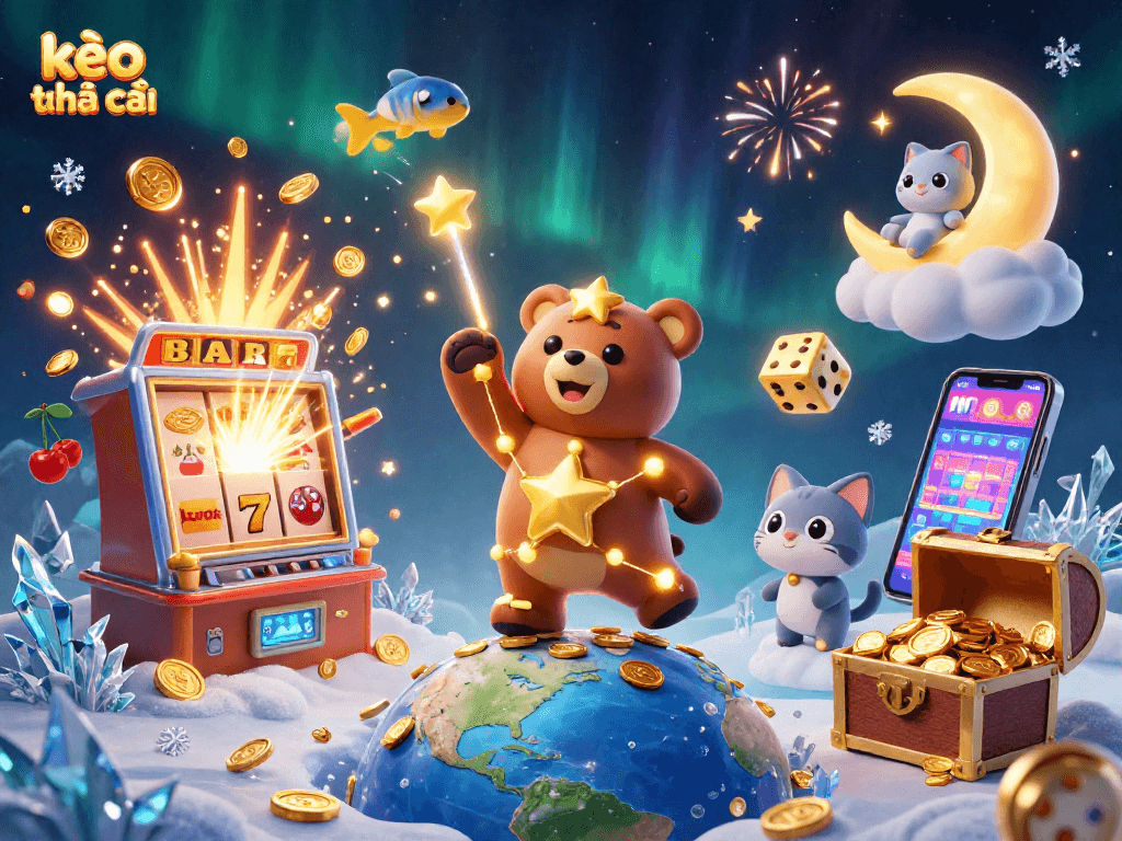 Engage with kèo nhà cái in this vibrant, dynamic casino scene filled with jackpots and festive elements.