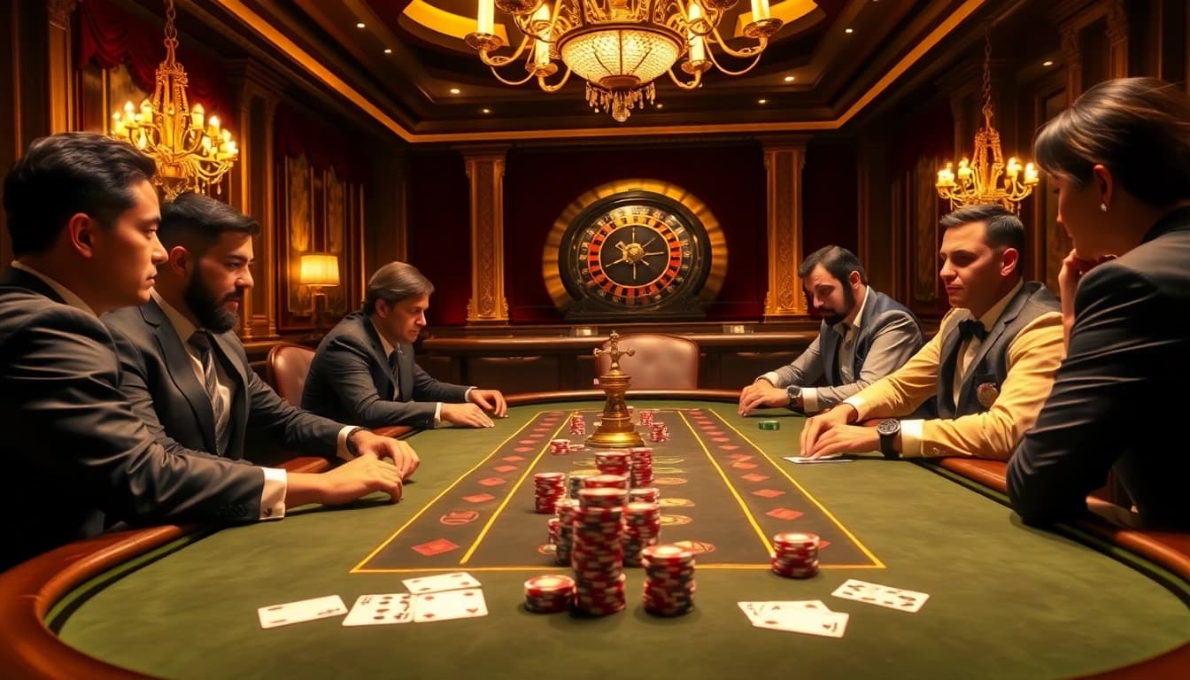 Players enjoying an intense MK8-themed poker game at a luxurious casino table.