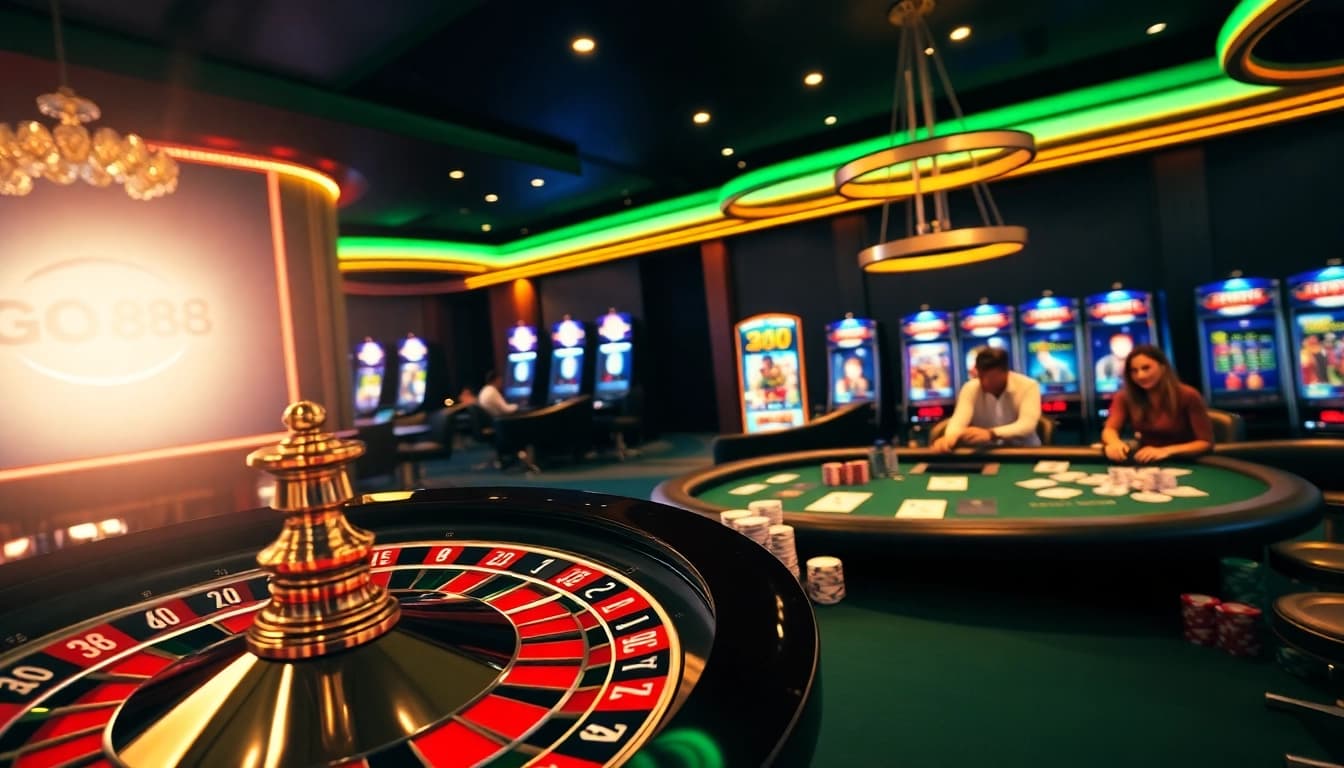 Experience high-stakes excitement at go 88 with a captivating casino scene featuring roulette, poker chips, and slot machines.