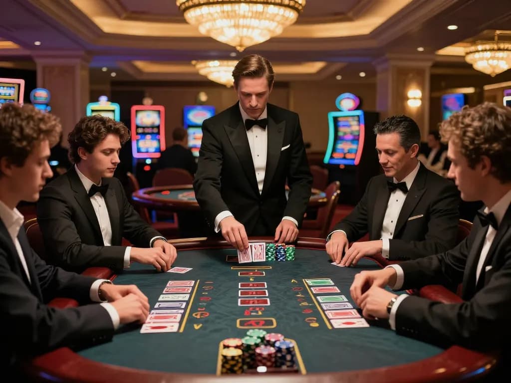 Hitclub blackjack players strategizing at a luxurious casino table, showcasing high-stakes action.
