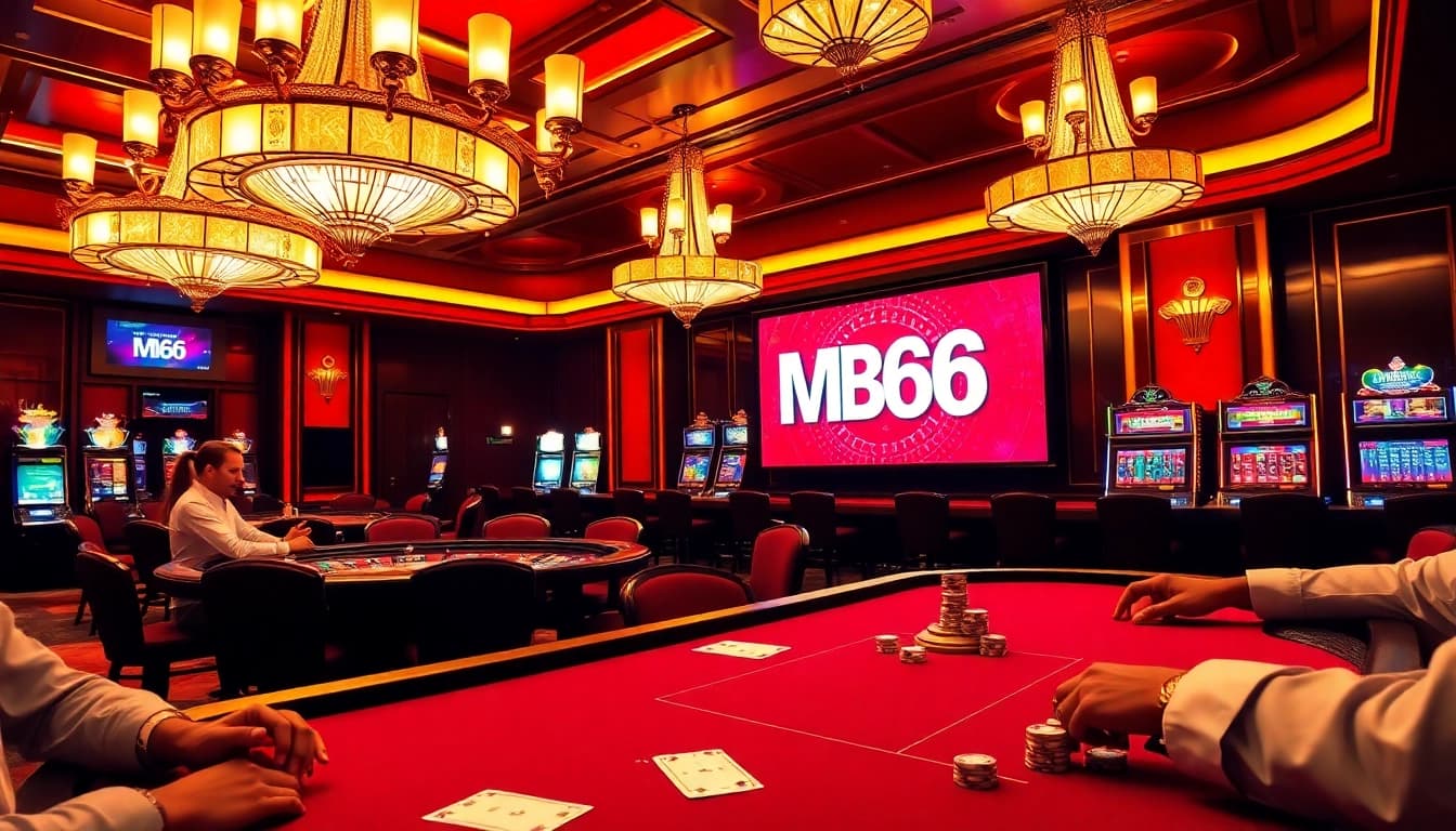 Experience the thrill of MB66 gaming at a luxurious casino with players at a poker table.