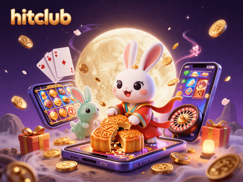 Experience the hitclub excitement with a vibrant 3D scene of a moon rabbit and casino games.