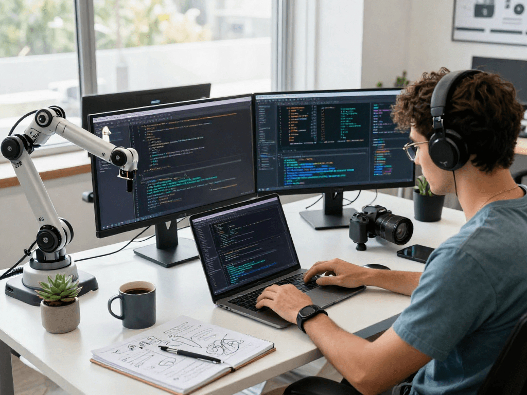 AI +18 developer coding in modern workspace with tech setup.