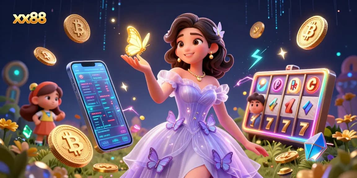 Experience the thrill of xx88 with vibrant slot reels and dazzling 3D coins amidst enchanting visuals.