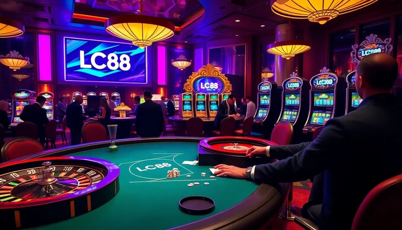 Players enjoying a thrilling poker game at LC88 Link, surrounded by exciting casino elements.