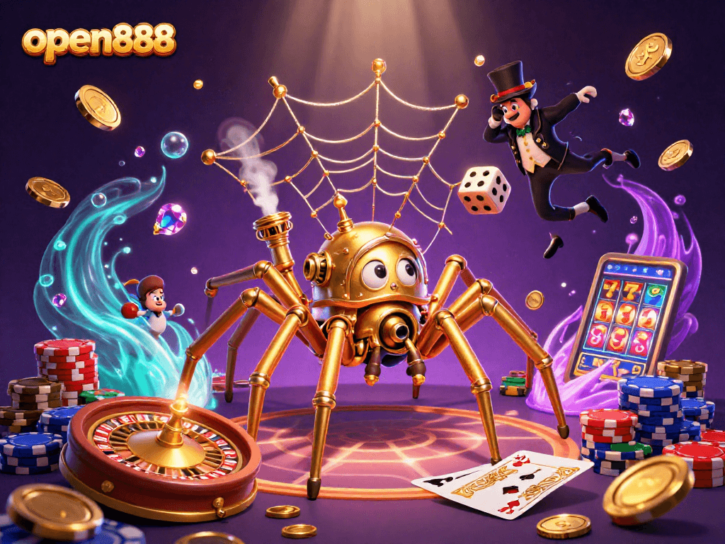 Experience the thrill of open888 with a captivating steampunk casino scene featuring golden coins and a Victorian fly.
