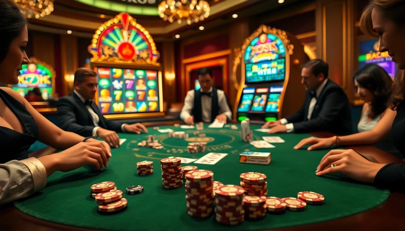 Players enjoying a thrilling game of poker at XX88 Casino, surrounded by vibrant slot machines and luxurious ambiance.