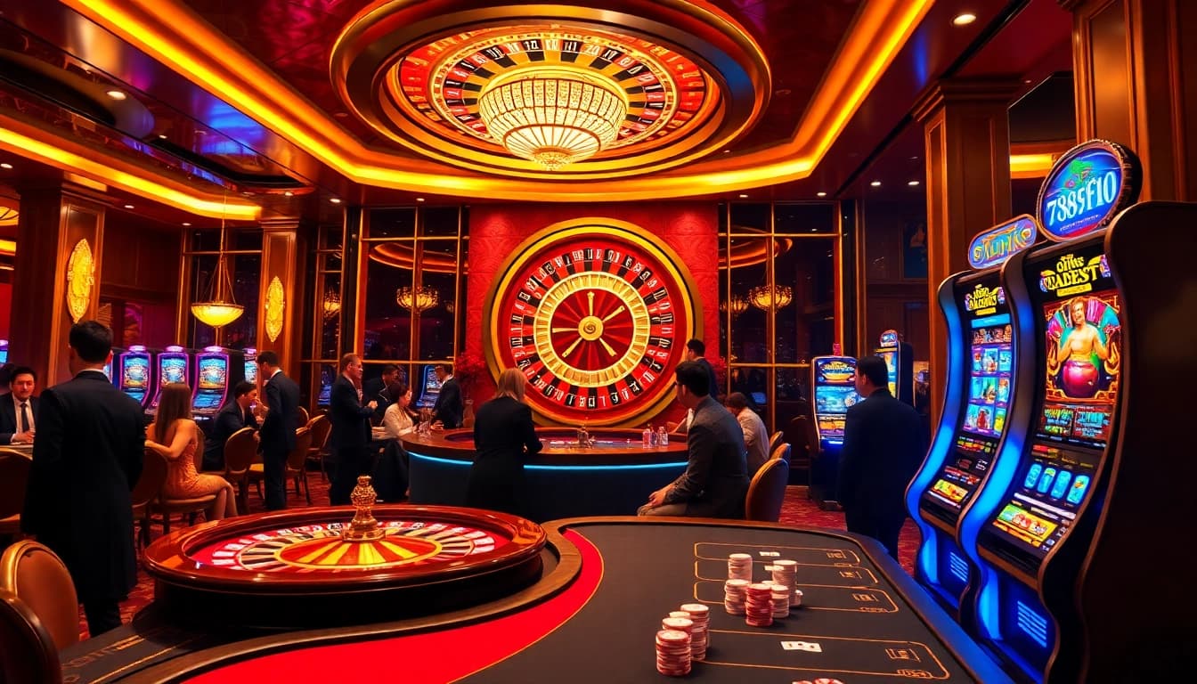 Experience the excitement of 789f10 with players at a luxurious poker table surrounded by vibrant casino decor.