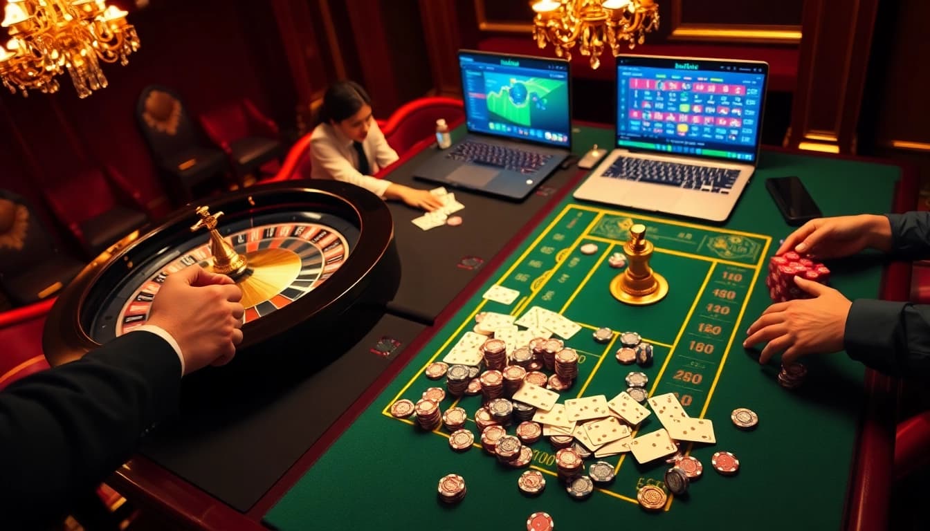 Exciting scene of gamblers engaged in keo nha cai with colorful game elements at a casino table.