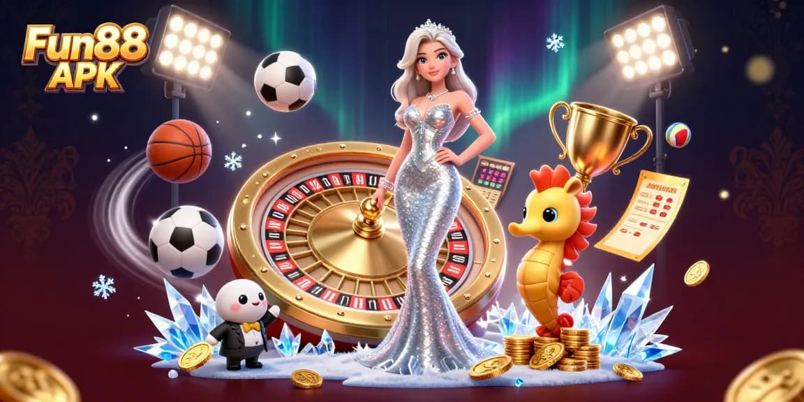 Experience thrilling gameplay with Fun88 APK – a dazzling 3D casino illustration featuring a roulette wheel.