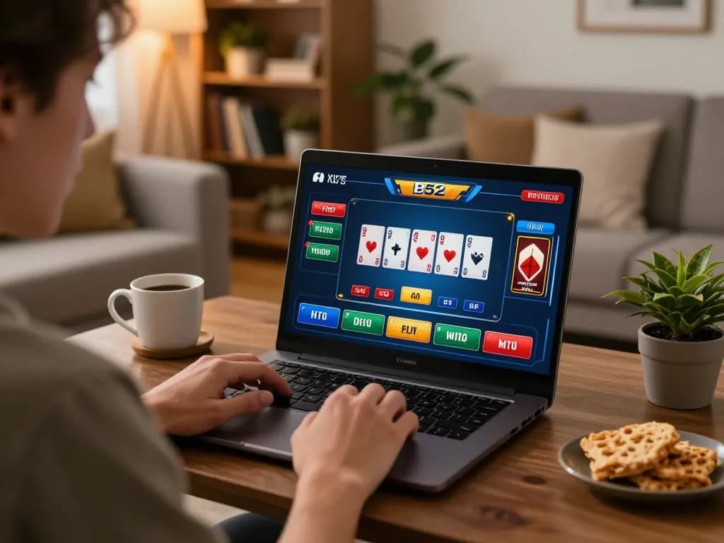Player enjoying a B52 online casino game at home, showcasing an engaging gaming setup.