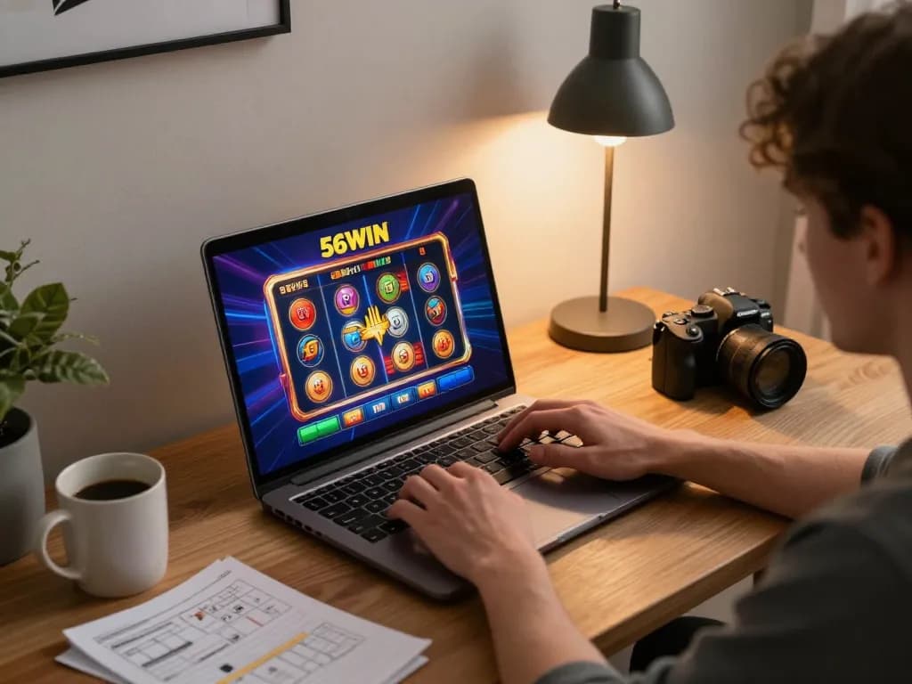 Player using 56WIN to spin slots online, showcasing a vibrant gaming atmosphere.