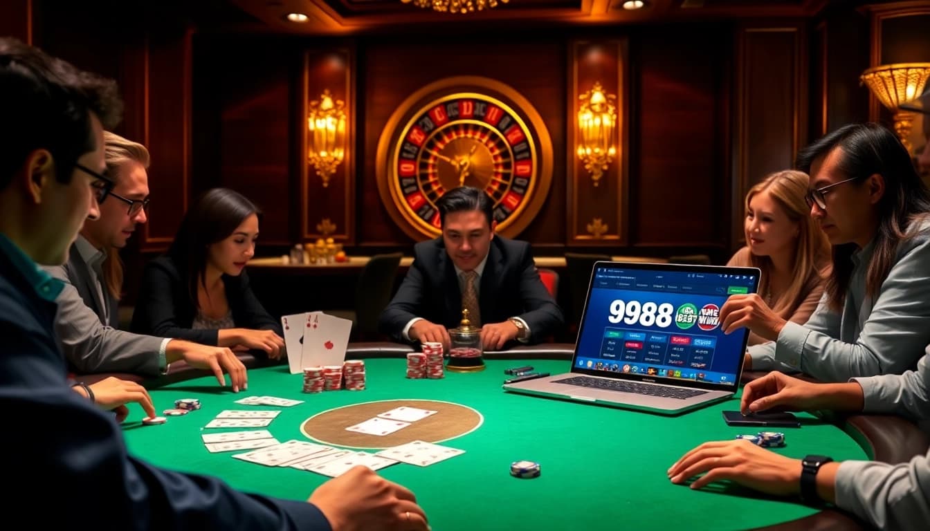 Engaging poker players at 98win trang chủ casino, showcasing high-stakes excitement and immersive gaming experience.