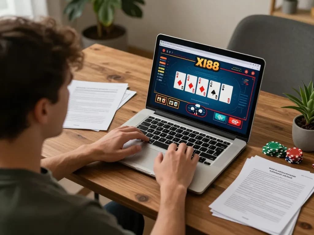 Player engaging with online casino interface on XI88, showcasing strategic betting in a cozy setting.