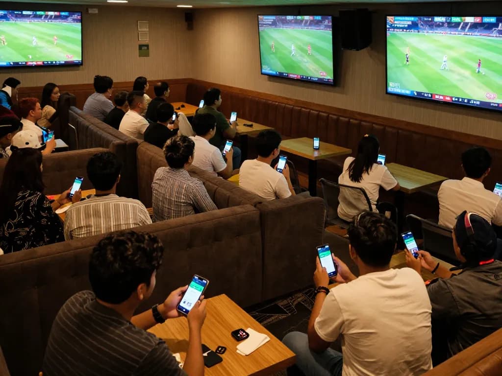A group of sports fans actively placing bets on the Winbd.io app while enjoying a live cricket match in a lively lounge.