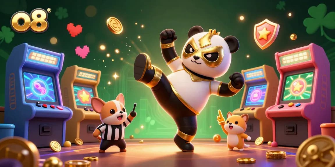 Engage in thrilling gameplay with o8 as a wrestler panda flying kick in a vibrant casino scene.