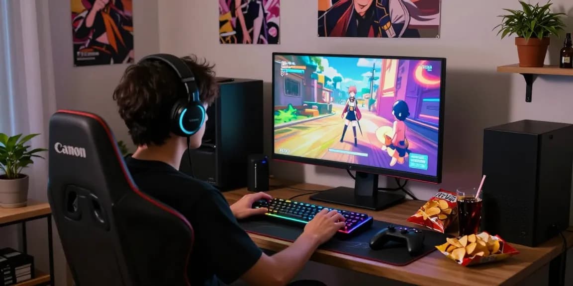 Engaged gamer playing hentai games HTML in cozy setup with colorful lighting.