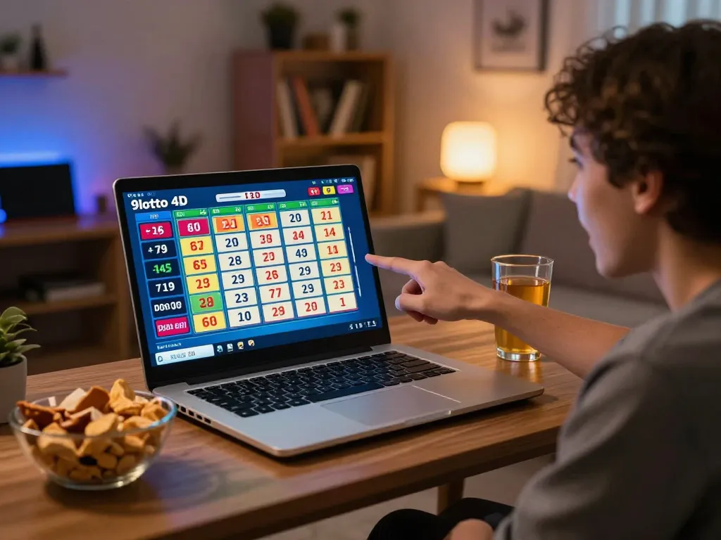 Player engaging with 9 Lotto 4D results on a laptop, showcasing real-time updates and excitement.