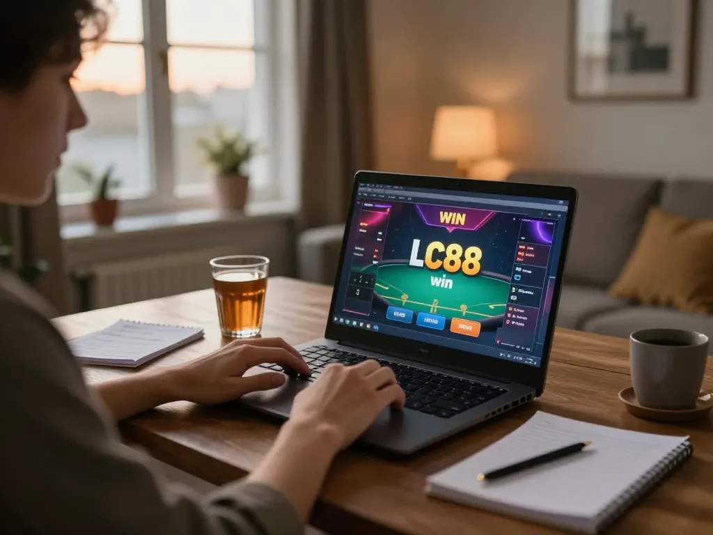 Engaging in strategic gameplay for LC88 win at an online casino with a laptop, notebook, and warm lighting.